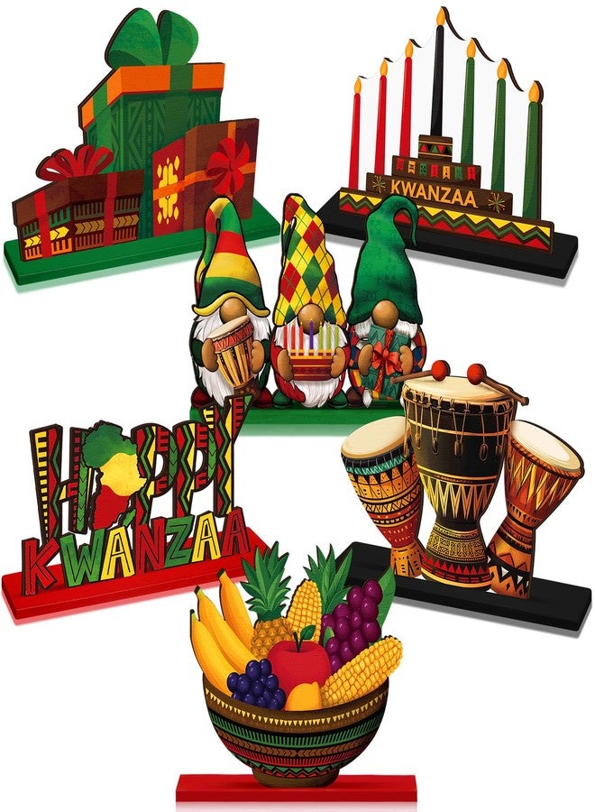 DoubleFill مجموعة دبل فيل المكونة من 6 قطع من زينة طاولة كوانزا السعيدة، لوحة خشبية مركزية لطاولة كوانزا بألوان الأحمر والأخضر والأصفر والأسود، لوحات خشبية أفريقية لتزيين الطاولة والمكتب والرفوف المنزلية والمدفأة، ديكور صينية متعددة الطبقات لحفلات أفريقية - Image 1