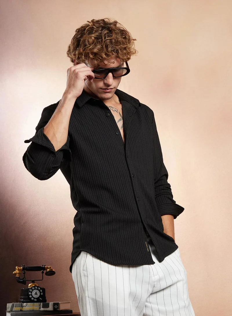 كامبوس سوترا قميص كامبس سوترا رجالي أسود مخطط بحبل بلمسة ملمس للملابس الكاجوال