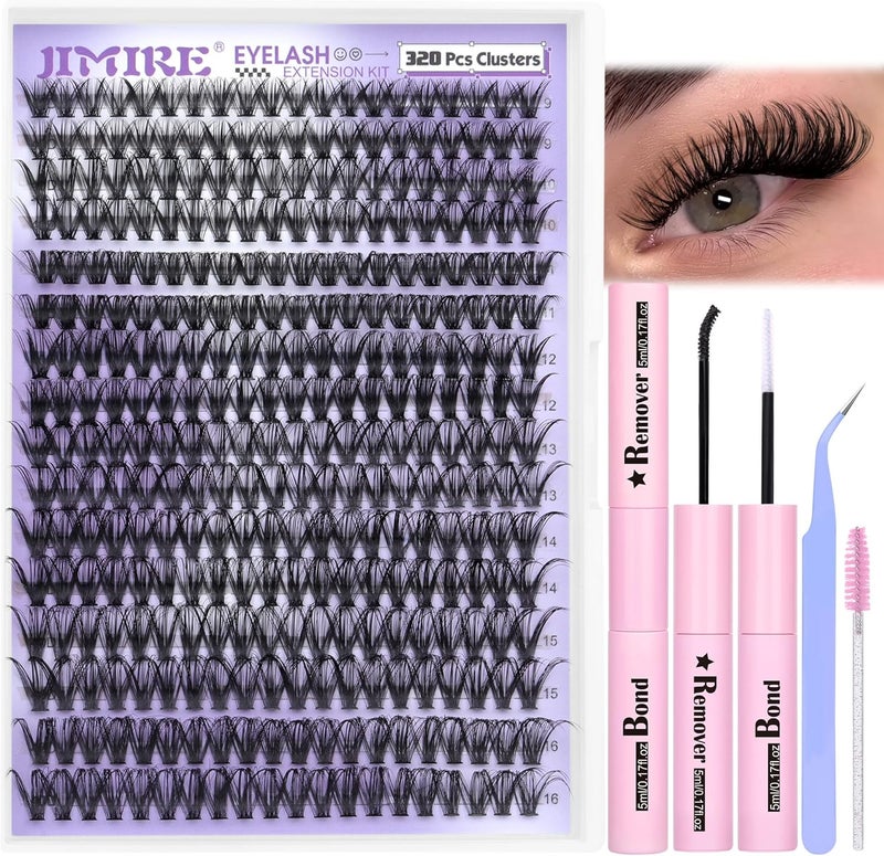 JIMIRE DIY Eyelash Extension Kit 320Pcs Individual Eyelashes Kit with Bond and Remover Lash Glue and Lash Applicator 40D 916mm D Curl Lash Clusters Kit Wispy Lash Extension Kit DIY at Home
