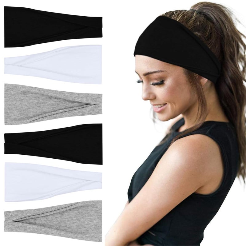 اسم المحتوى ناريلا Fashion Headbands For Women Wide Headband Yoga Workout Head Bands Hair Accessories Band Black White Gray 6 Pack