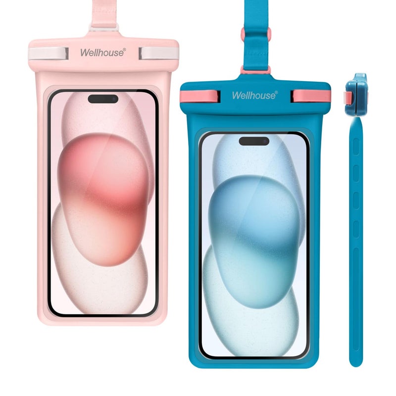 wellhouse Waterproof Phone Pouch, Waterproof Phone Case for iPhone 17 16 15 14 13 Pro Max XS Samsung, IPX8 3D Cellphone Dry Bag Beach Essentials (2 Pack - Blue & Pink7.0, 7 inch) - Image 1