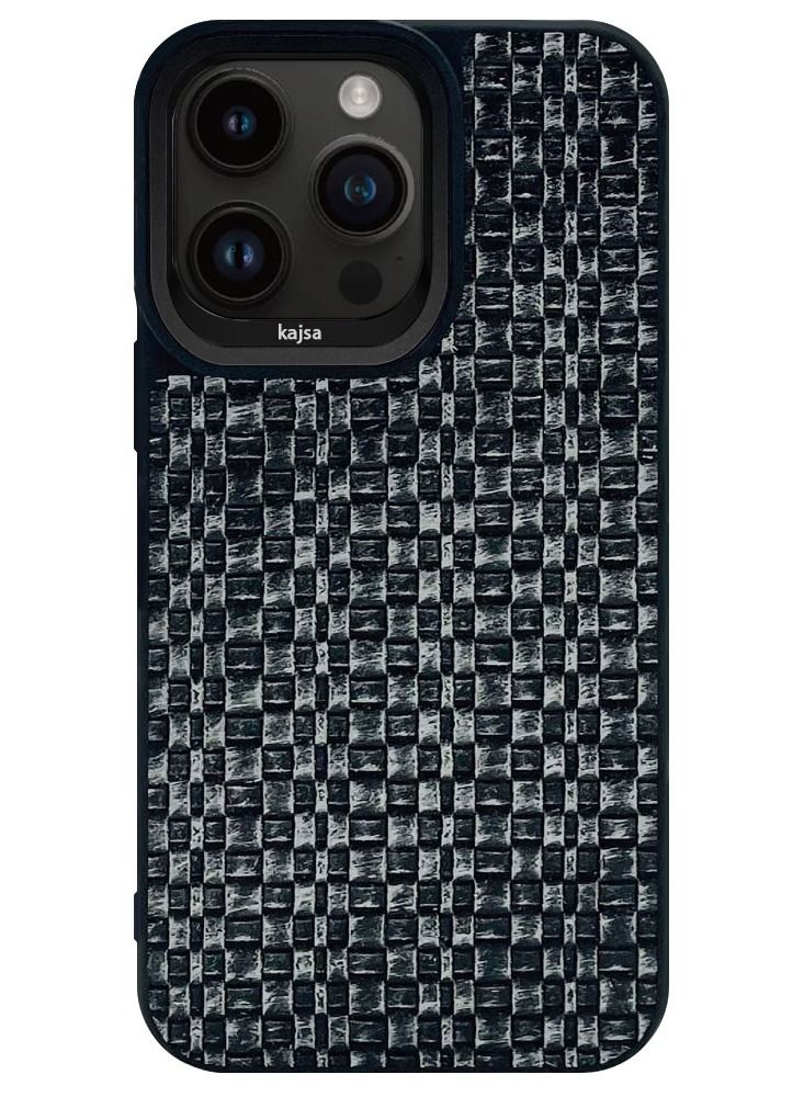Kajsa iPhone 14 Pro Max Case Glamorous Collection Woven Pattern PU Leather Embroidery stitching Case Cover - Black - Image 1