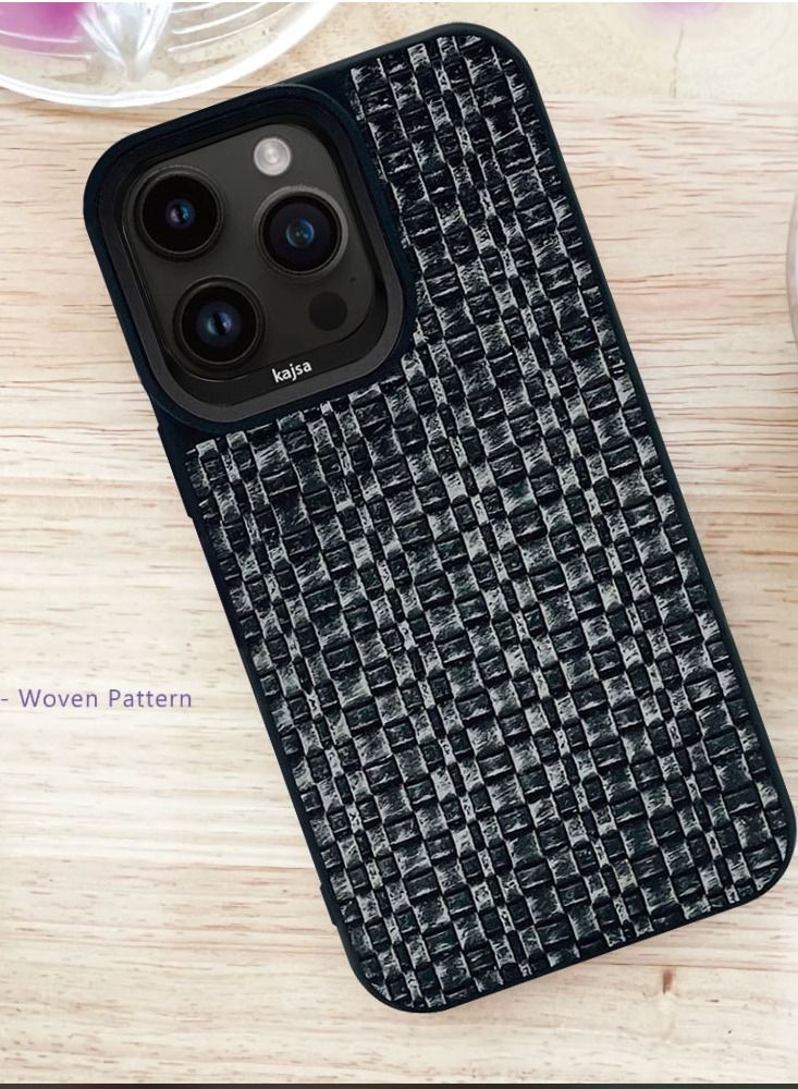 Kajsa iPhone 14 Pro Max Case Glamorous Collection Woven Pattern PU Leather Embroidery stitching Case Cover - Black - Image 4