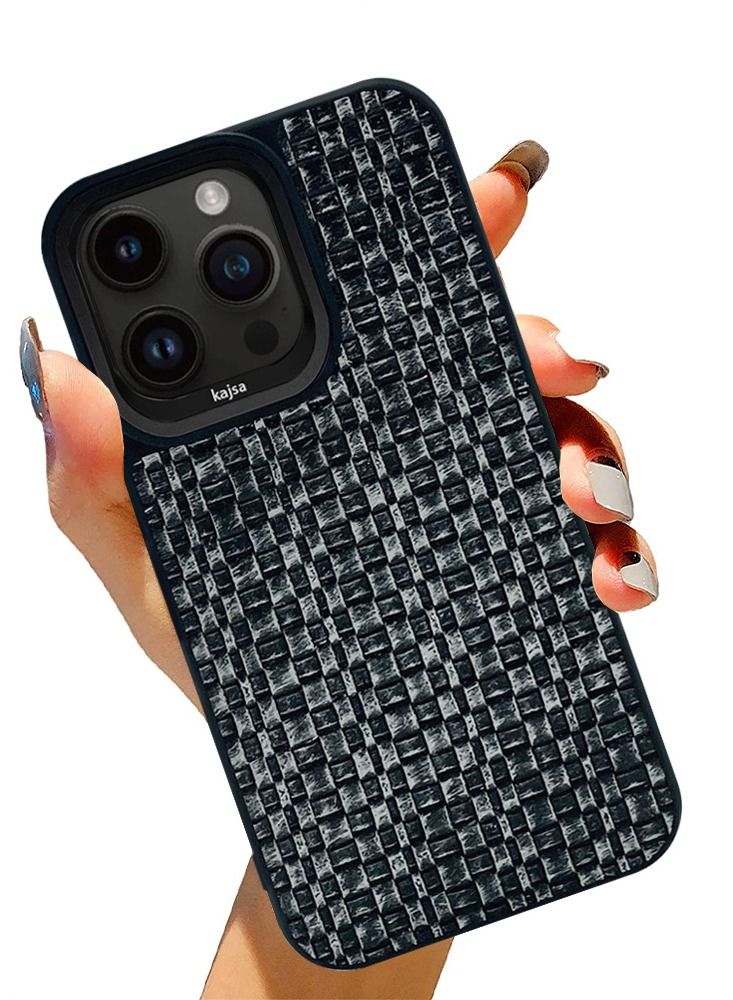 Kajsa iPhone 14 Pro Max Case Glamorous Collection Woven Pattern PU Leather Embroidery stitching Case Cover - Black - Image 2