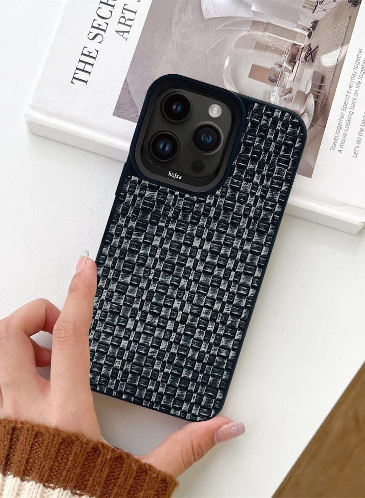 Kajsa iPhone 14 Pro Max Case Glamorous Collection Woven Pattern PU Leather Embroidery stitching Case Cover - Black - Image 3
