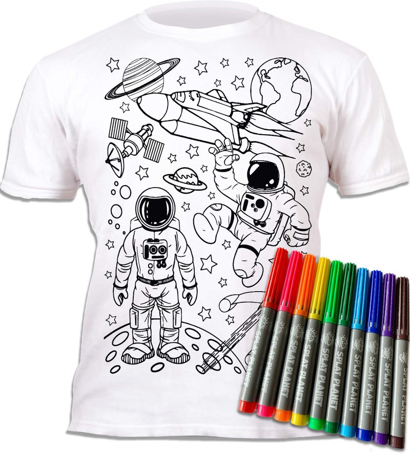 Splat Planet Colour-in Space, Astronaut and Rocket Ship T-Shirt with 10 Non-Toxic Washable Magic Colouring Pens - Colour-in and Wash Out T-Shirt (7-8 Years) White - Image 1