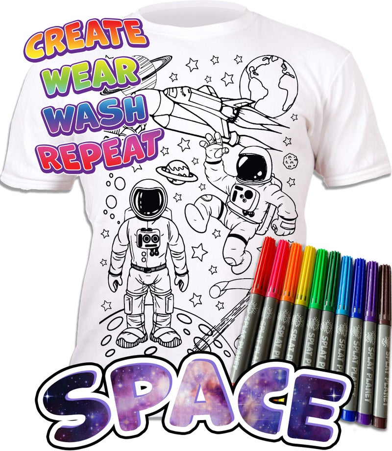 Splat Planet Colour-in Space, Astronaut and Rocket Ship T-Shirt with 10 Non-Toxic Washable Magic Colouring Pens - Colour-in and Wash Out T-Shirt (7-8 Years) White - Image 2