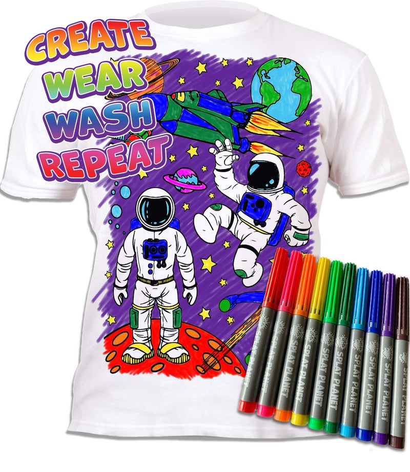Splat Planet Colour-in Space, Astronaut and Rocket Ship T-Shirt with 10 Non-Toxic Washable Magic Colouring Pens - Colour-in and Wash Out T-Shirt (7-8 Years) White - Image 4