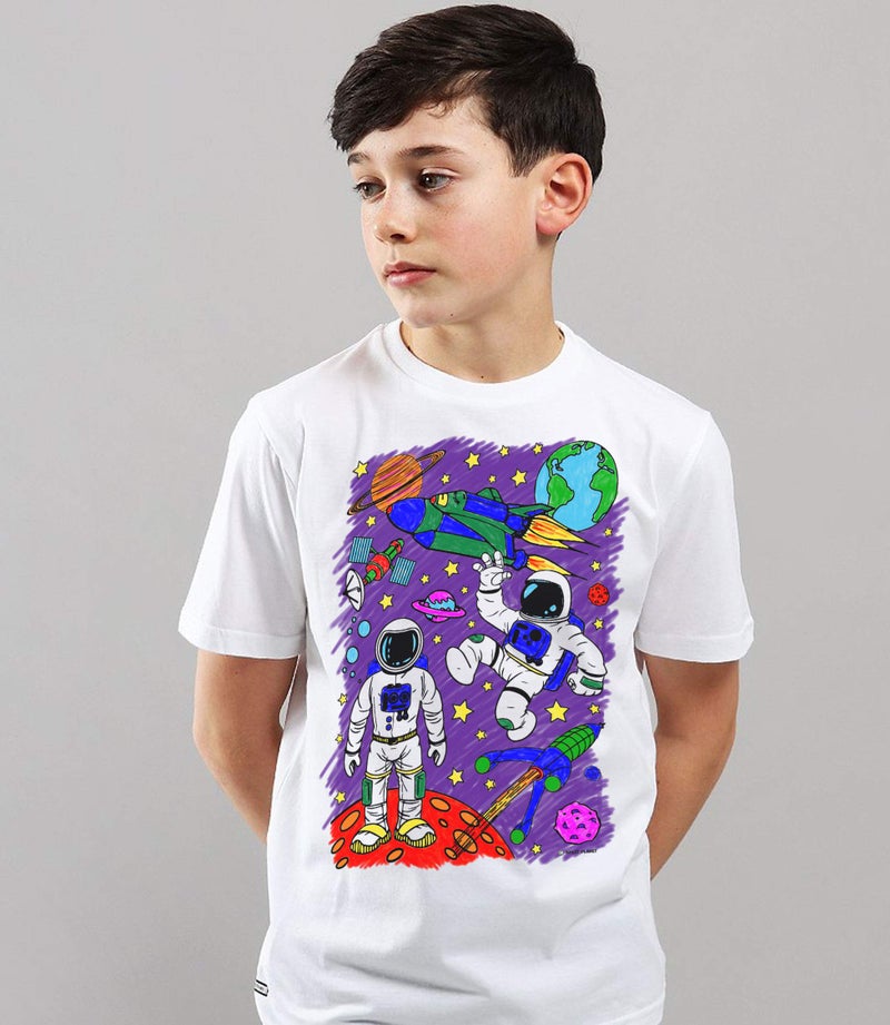 Splat Planet Colour-in Space, Astronaut and Rocket Ship T-Shirt with 10 Non-Toxic Washable Magic Colouring Pens - Colour-in and Wash Out T-Shirt (7-8 Years) White - Image 5