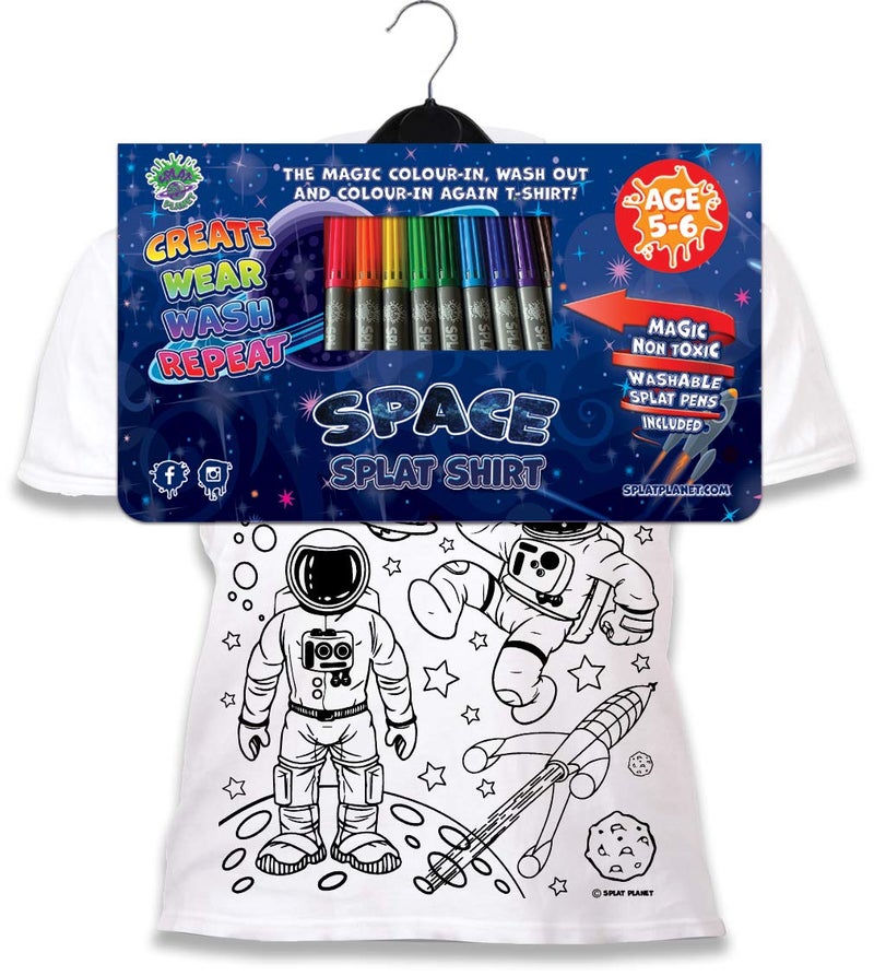 Splat Planet Colour-in Space, Astronaut and Rocket Ship T-Shirt with 10 Non-Toxic Washable Magic Colouring Pens - Colour-in and Wash Out T-Shirt (7-8 Years) White - Image 3