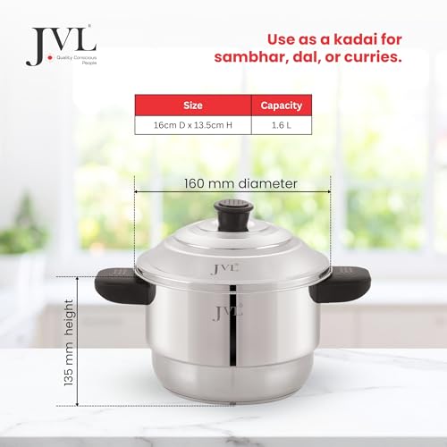 JVL Triply Base 3 in 1 Sambar Idly Steamer with 4 Idly Plates (Stainless Steel, 1-2 People) Mini Idly, Button Idly Maker - Image 5