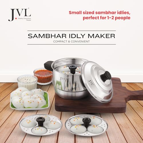 JVL Triply Base 3 in 1 Sambar Idly Steamer with 4 Idly Plates (Stainless Steel, 1-2 People) Mini Idly, Button Idly Maker - Image 2