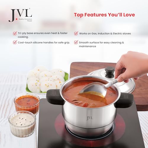 JVL Triply Base 3 in 1 Sambar Idly Steamer with 4 Idly Plates (Stainless Steel, 1-2 People) Mini Idly, Button Idly Maker - Image 4
