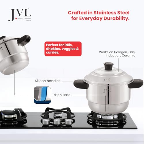 JVL Triply Base 3 in 1 Sambar Idly Steamer with 4 Idly Plates (Stainless Steel, 1-2 People) Mini Idly, Button Idly Maker - Image 3