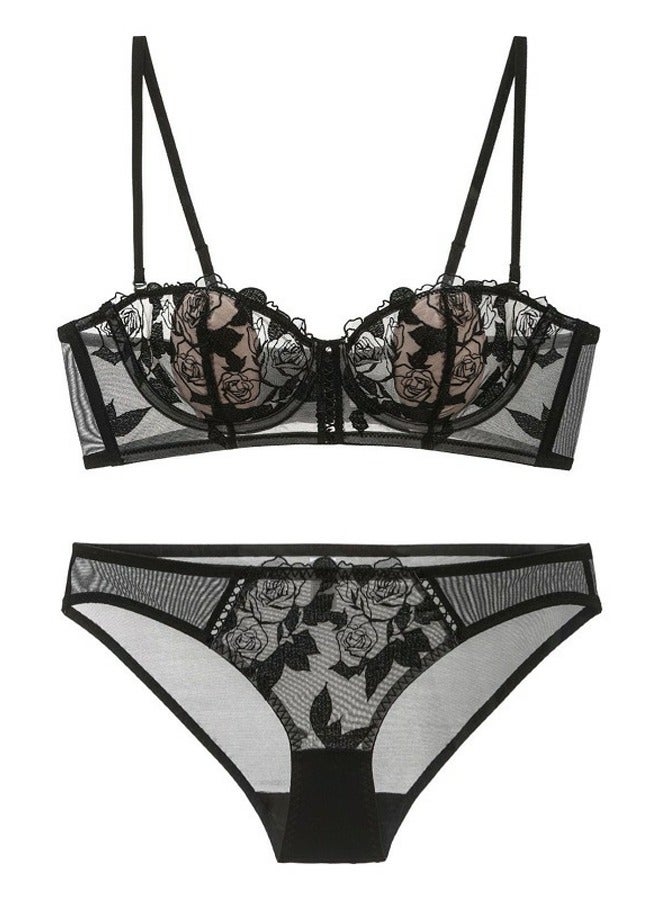 Loquat Solid Color Ultra Thin Cup Floral Embroidered Lace Bra And Panty Set Black  - Image 1