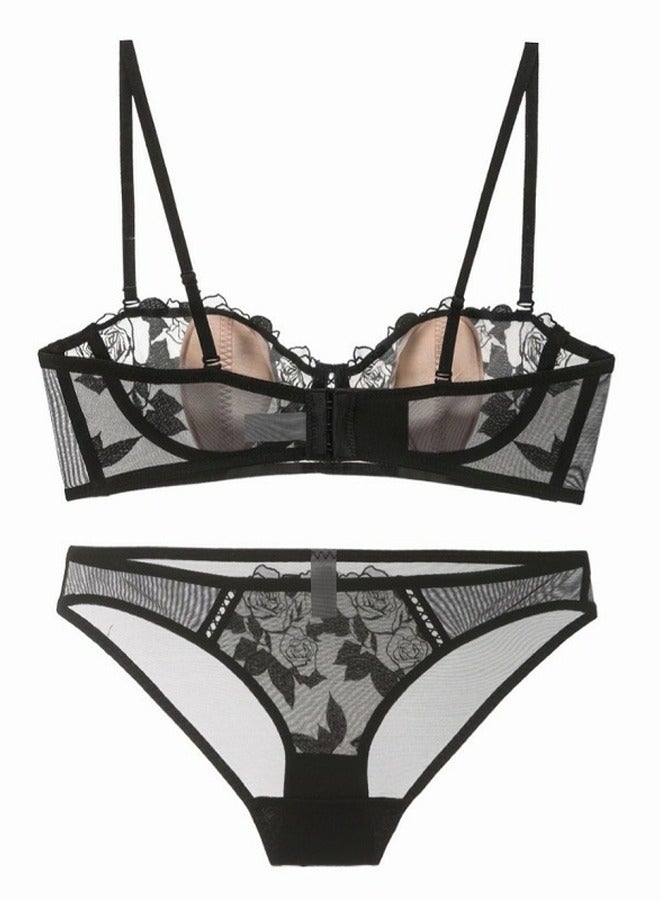 Loquat Solid Color Ultra Thin Cup Floral Embroidered Lace Bra And Panty Set Black  - Image 2