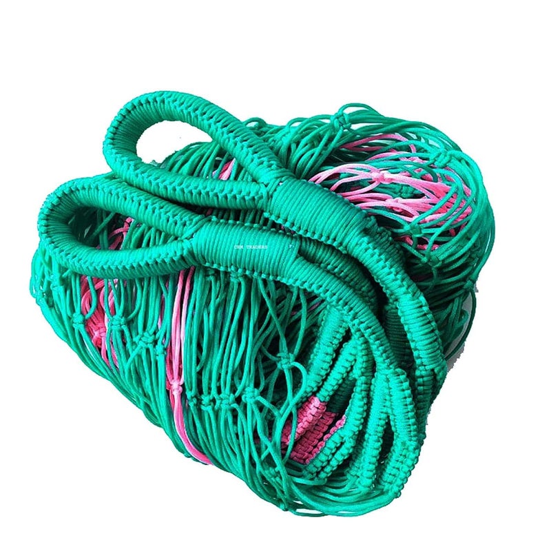 CRM TRADERS CRM TRADERS Handcrafted Nylon Rope Hammock Swing Hanging Net Mesh Sleeping Bed for Garden Outdoor Pink and Tee Green  - Image 1