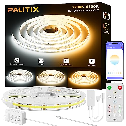 PAUTIX COB LED Strip Light White CCT Tunable 32.8ft/10m,UL-Listed 6400LEDs Dimmable 2700K-6500K CRI90+ 24V LED Tape Light Kit with APP Control/Music Mode,for Under Cabinet Bedroom Kitchen DIY Lighting - Image 1