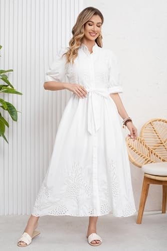 utcoco Women's Embroidered Eyelet Shirt Dresses Belted Puff Sleeve Button Down Swing Boho Cotton Maxi Shirt Dress (Medium, White) - Image 2