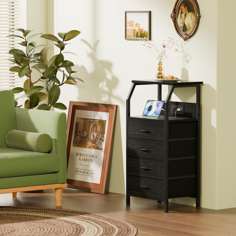 Furnulem Night Stand with Charging Station, 4 Drawer Dresser with Storage Shelf, 33.3 Inch Tall Side Table, Fabric End Table for Closet, Entryway, Bedside Furniture, 3 Ways to Use, Black Oak - Image 4