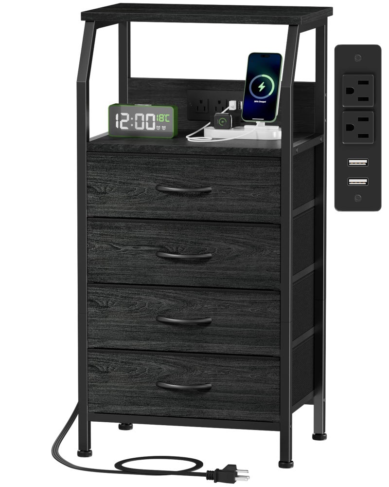 Furnulem Night Stand with Charging Station, 4 Drawer Dresser with Storage Shelf, 33.3 Inch Tall Side Table, Fabric End Table for Closet, Entryway, Bedside Furniture, 3 Ways to Use, Black Oak - Image 1