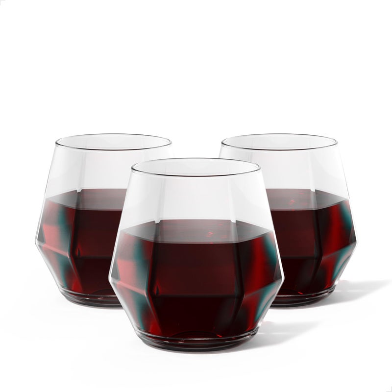 Tossware POP 12 oz Diamond Vino Stemless Plastic Wine Glass Set  Clear Plastic Wine Glasses for Parties  Shatterproof  BPAFree  Premium Quality  Recyclable  Set of 12