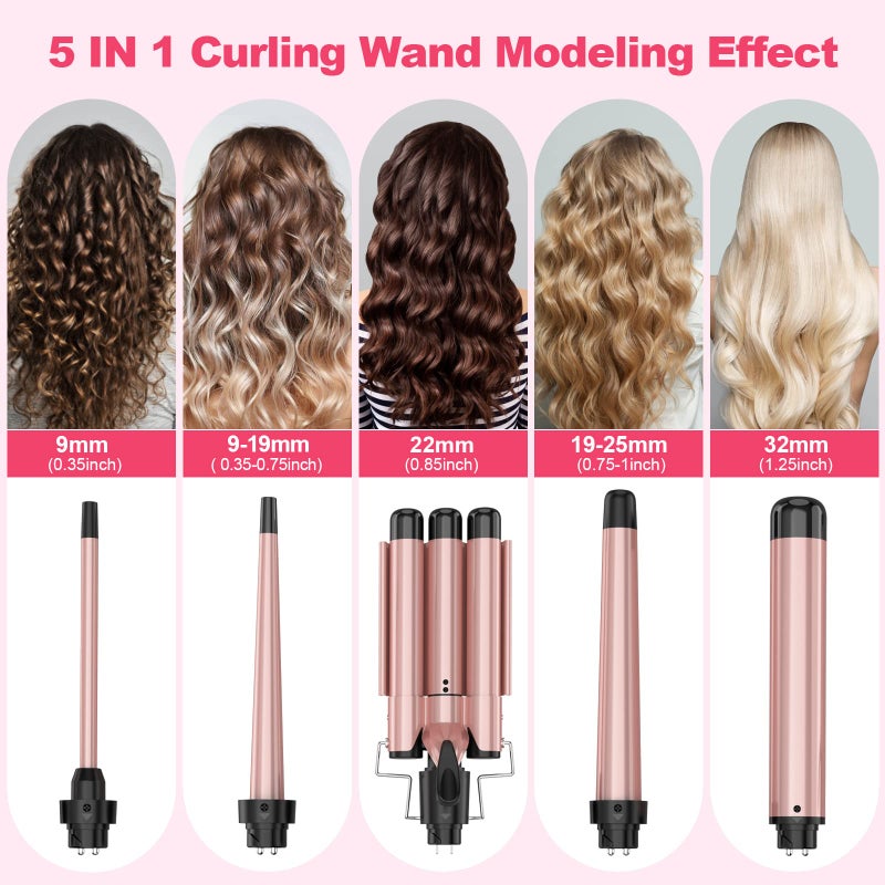 USHOW Curling Wand Set, Curling Iron Interchangeable 3 Barrel Wand Curler with Ceramic Tourmaline Professional 5 in 1 Wand Curling Iron,for Women with Curler and Waver - Image 2