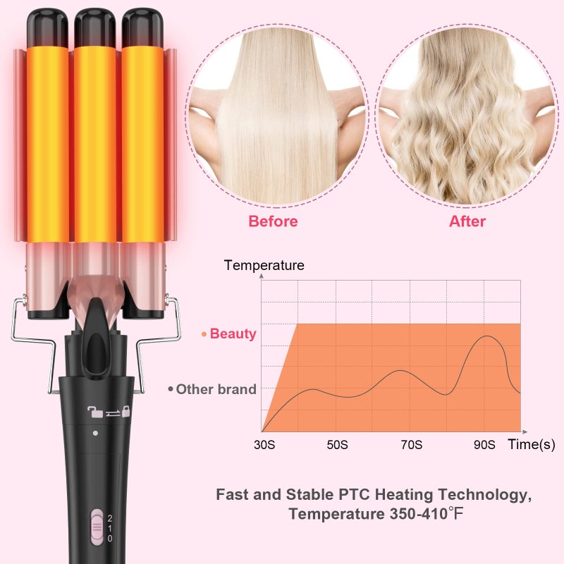 USHOW Curling Wand Set, Curling Iron Interchangeable 3 Barrel Wand Curler with Ceramic Tourmaline Professional 5 in 1 Wand Curling Iron,for Women with Curler and Waver - Image 3