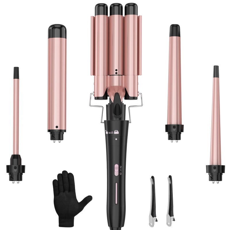 USHOW Curling Wand Set, Curling Iron Interchangeable 3 Barrel Wand Curler with Ceramic Tourmaline Professional 5 in 1 Wand Curling Iron,for Women with Curler and Waver - Image 1