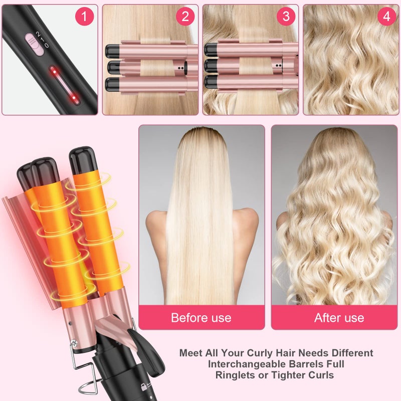 USHOW Curling Wand Set, Curling Iron Interchangeable 3 Barrel Wand Curler with Ceramic Tourmaline Professional 5 in 1 Wand Curling Iron,for Women with Curler and Waver - Image 5