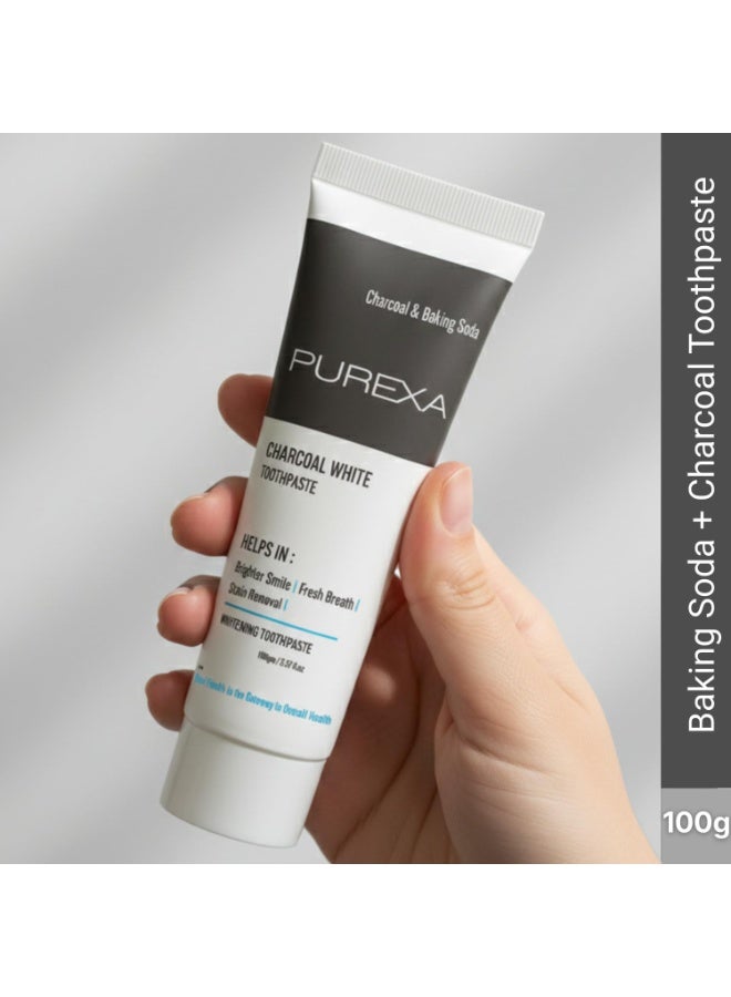 PUREXA Charcoal White Toothpaste Pack of 2 | Dual Whitening Combo | Activated Charcoal Teeth Cleaner for Stain Removal, Fresh Breath & Detox | Natural, Fluoride-Free, Enamel-Friendly Formula for Brighter & Healthier Smiles 100 g - Image 2