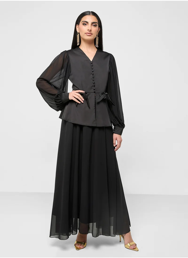 خزانة Sheer Sleeves Top & Skirt Set