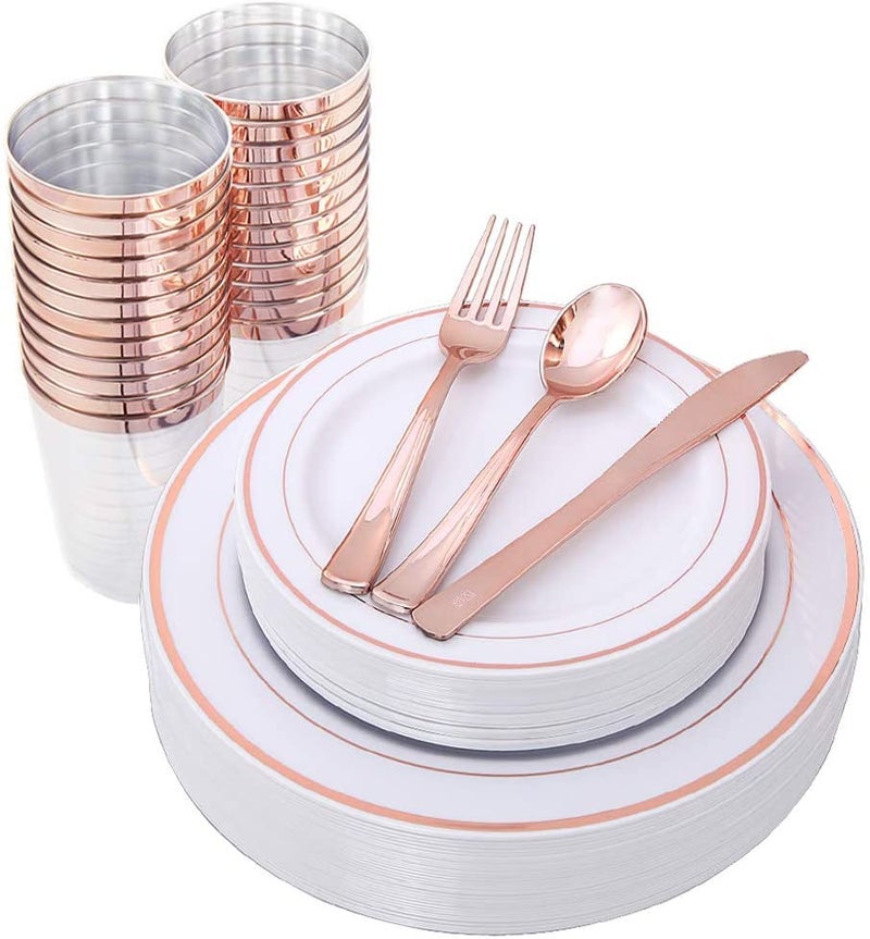LATERN 150Pcs MultiUse Rose Gold Plastic Dinnerware Set 25 x Reusable Dinner Plates 25 x Salad Plates 25 x Knive 25 x Mini Forks 25 x Spoons 25 x 300ml Cups for Wedding Anniversary Garden Party