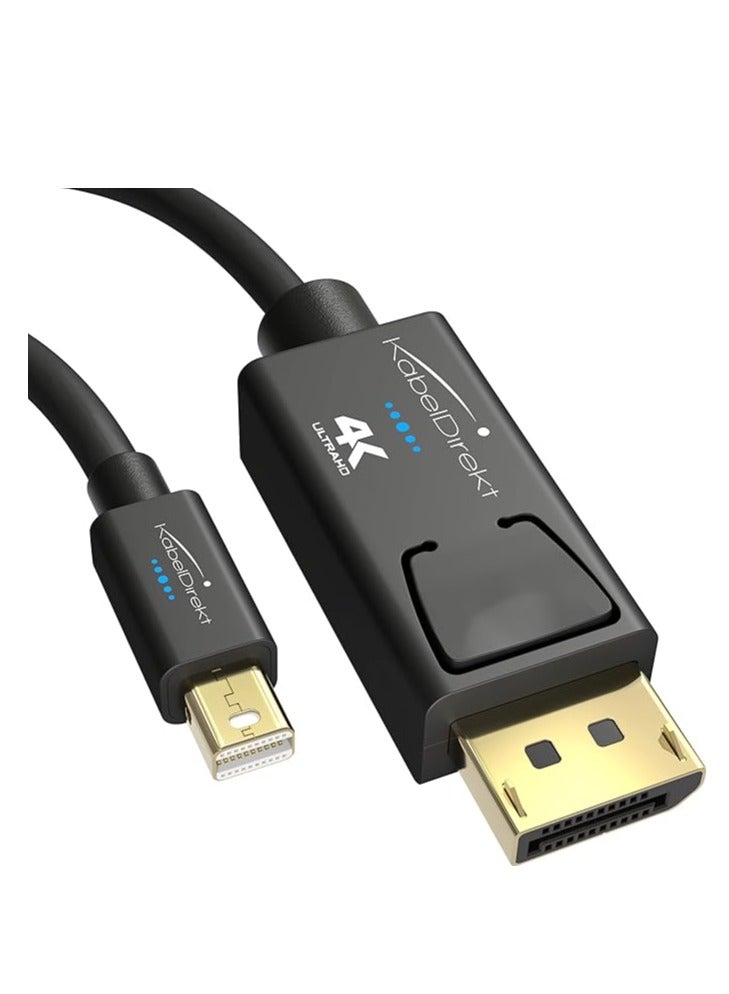 KabelDirekt KabelDirekt – Mini DisplayPort (Thunderbolt) to DisplayPort cable (Mini DP to DP) – 2m – (UHD with 4K / 60Hz, Version 1.2, for PC & Mac, DP male connector with locking feature, black) – TOP Series  - Image 1