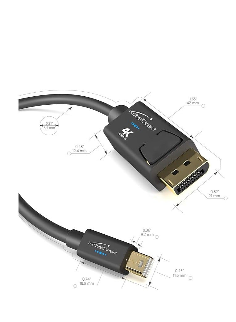 KabelDirekt KabelDirekt – Mini DisplayPort (Thunderbolt) to DisplayPort cable (Mini DP to DP) – 2m – (UHD with 4K / 60Hz, Version 1.2, for PC & Mac, DP male connector with locking feature, black) – TOP Series  - Image 2