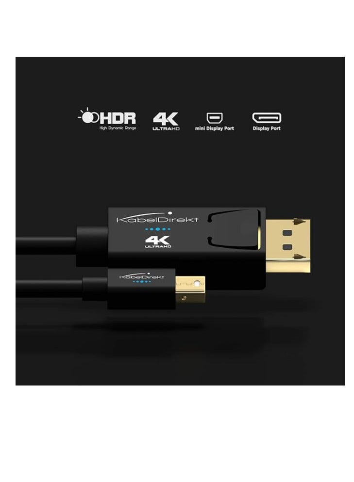 KabelDirekt KabelDirekt – Mini DisplayPort (Thunderbolt) to DisplayPort cable (Mini DP to DP) – 2m – (UHD with 4K / 60Hz, Version 1.2, for PC & Mac, DP male connector with locking feature, black) – TOP Series  - Image 4