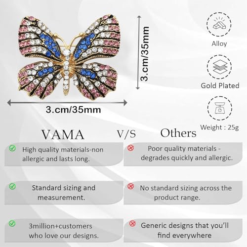 VAMA FASHIONS Gold Plated Multicolor Butterfly Brooch Pin Glittery Lapel Pin Sarees Dresses Blazers Coats Brooch Accessories Jewelry For Girls (Blue Rhinestone Butterfly Brooch) - Image 3