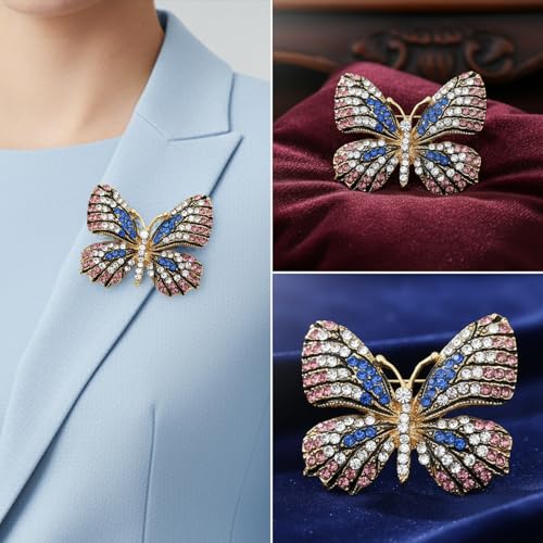 VAMA FASHIONS Gold Plated Multicolor Butterfly Brooch Pin Glittery Lapel Pin Sarees Dresses Blazers Coats Brooch Accessories Jewelry For Girls (Blue Rhinestone Butterfly Brooch) - Image 2