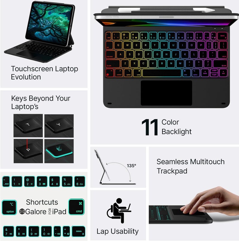 حافظة لوحة مفاتيح من نوع Typecase Edge لجهاز iPad Air 11 وiPad Pro 11، تدعم قاعدة عائمة، أزرار مضيئة بـ 11 لونًا، حامل قلم، لوحة تتبع دقيقة، تصميم خفيف مناسب للاستخدام في العمل والمدرسة والسفر - Image 5