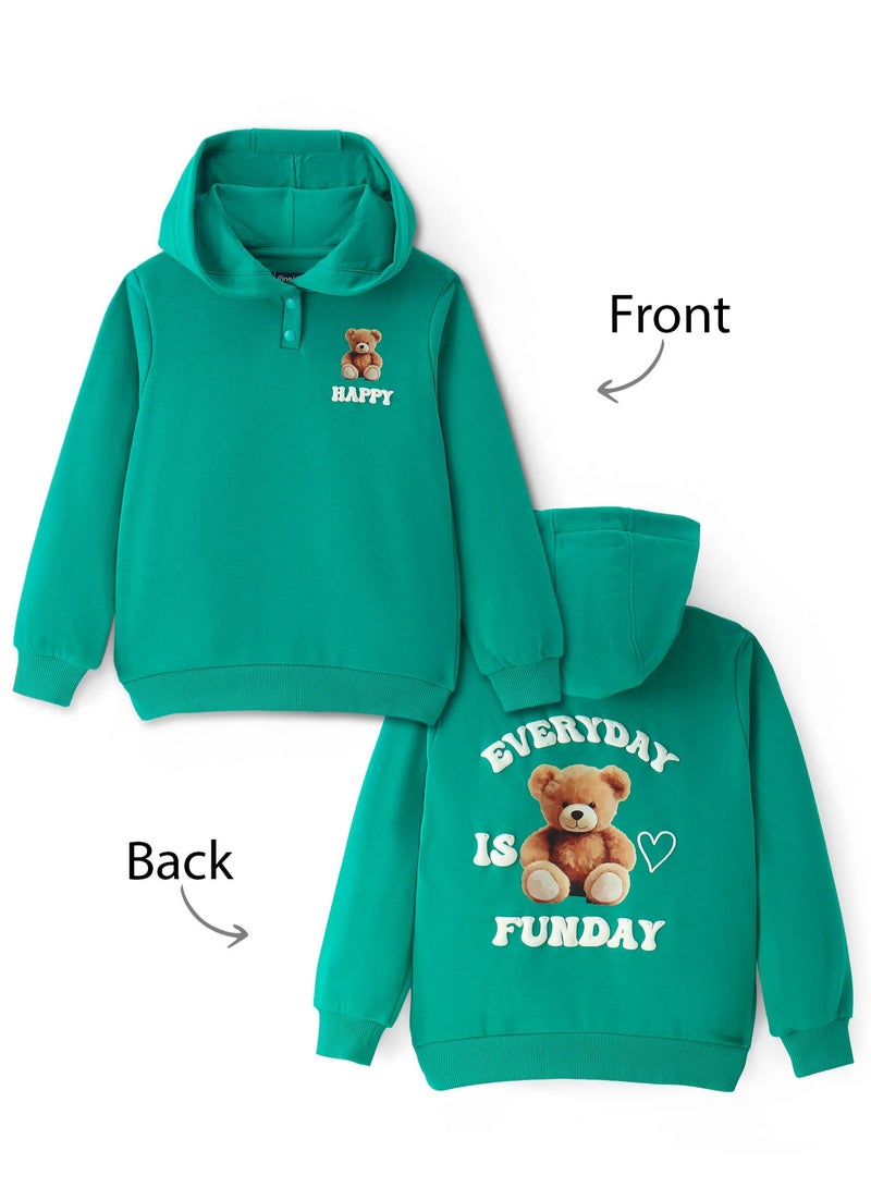 Pine Kids Cotton Knit Full Sleeves Hooded Sweatshirt with Teddy Bear Print - Green  - Image 1
