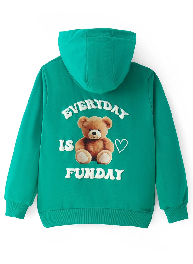 Pine Kids Cotton Knit Full Sleeves Hooded Sweatshirt with Teddy Bear Print - Green  - Image 2