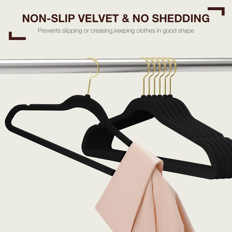 Korpai 50 Pack Black Velvet Hangers,Coat Hanger Non Slip,Heavy-Duty,Space Saving,Slim Clothes Hangers for Pants,Outfit,Skirts,Suits,Coats,Dresses ect.Felt Hangers with Gold 360Â°Swivel Hook - Image 3