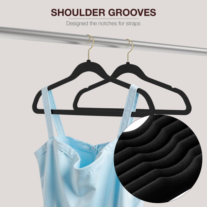 Korpai 50 Pack Black Velvet Hangers,Coat Hanger Non Slip,Heavy-Duty,Space Saving,Slim Clothes Hangers for Pants,Outfit,Skirts,Suits,Coats,Dresses ect.Felt Hangers with Gold 360Â°Swivel Hook - Image 4