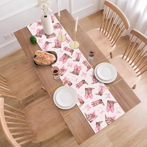 Buxiuer Coquette Bow Cowgirl Table Runner Western Wild West Pink Bowknot Boots Birthday Party Decoration Baby Shower Dining Room Home Kitchen Table Decor (13" x 72") - Image 4
