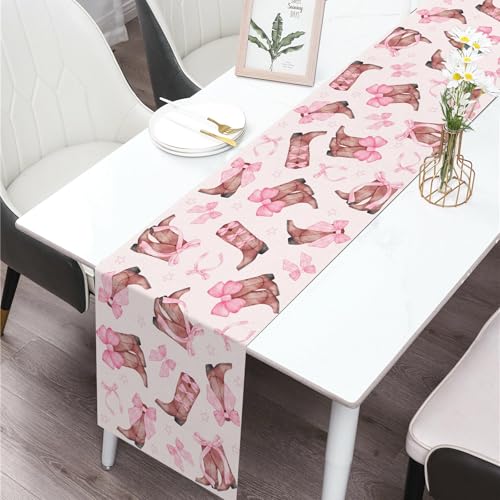 Buxiuer Coquette Bow Cowgirl Table Runner Western Wild West Pink Bowknot Boots Birthday Party Decoration Baby Shower Dining Room Home Kitchen Table Decor (13" x 72") - Image 2