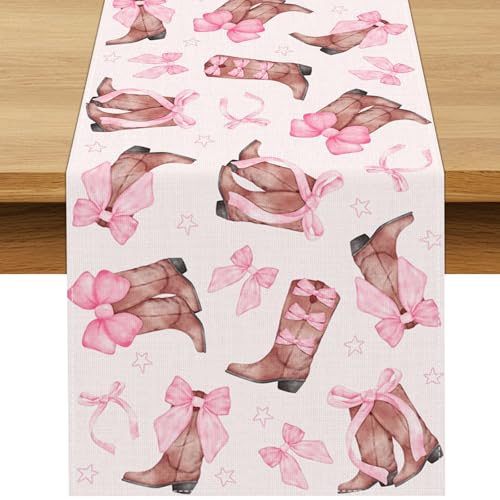 Buxiuer Coquette Bow Cowgirl Table Runner Western Wild West Pink Bowknot Boots Birthday Party Decoration Baby Shower Dining Room Home Kitchen Table Decor (13" x 72") - Image 1