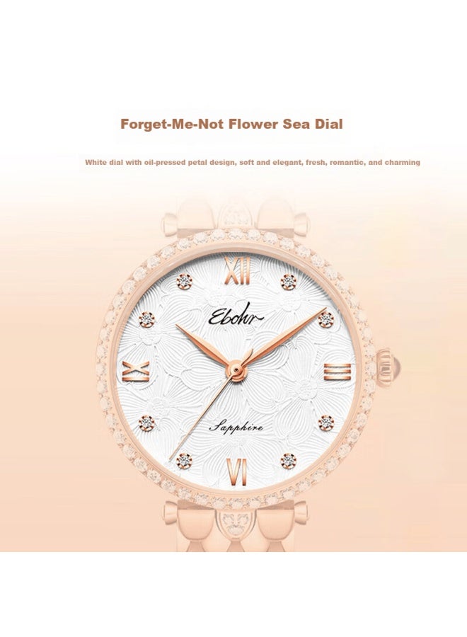 Ebohr Women's Elegant Diamond-studded Stainless Steel Quartz Watch Simple Design Floral Sea Birthday New Year Valentine's Gift - Image 4