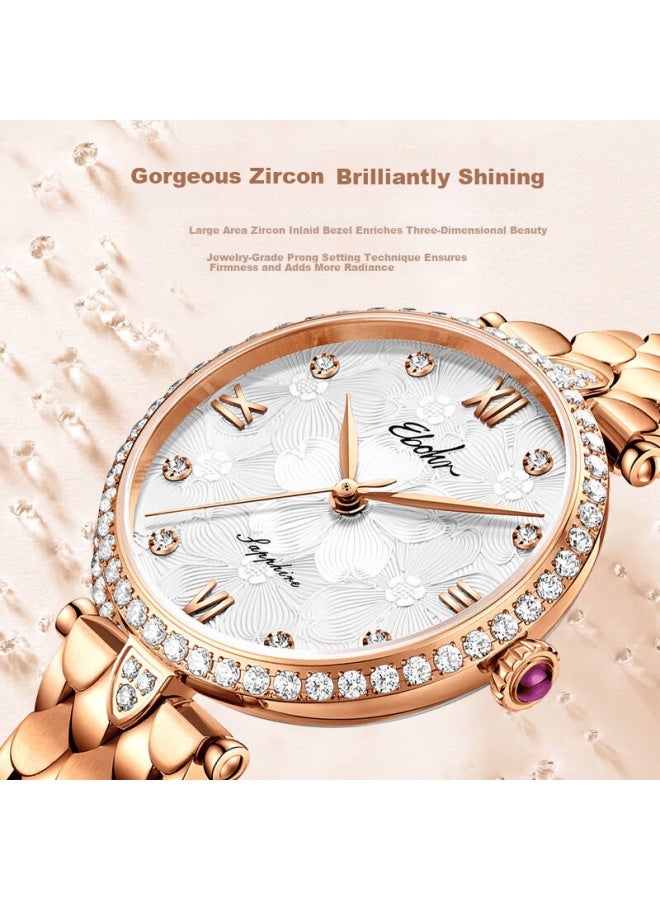 Ebohr Women's Elegant Diamond-studded Stainless Steel Quartz Watch Simple Design Floral Sea Birthday New Year Valentine's Gift - Image 2