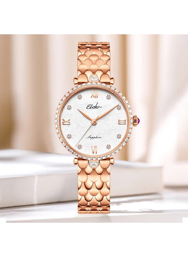 Ebohr Women's Elegant Diamond-studded Stainless Steel Quartz Watch Simple Design Floral Sea Birthday New Year Valentine's Gift - Image 3