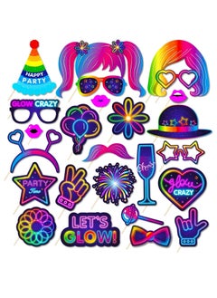 Y&D 25 Pieces Glow in the Dark Neon Themed Photo Booth Props with Sticks Party Supplies Like Decorations Disco Black Light Birthday  - Image 1
